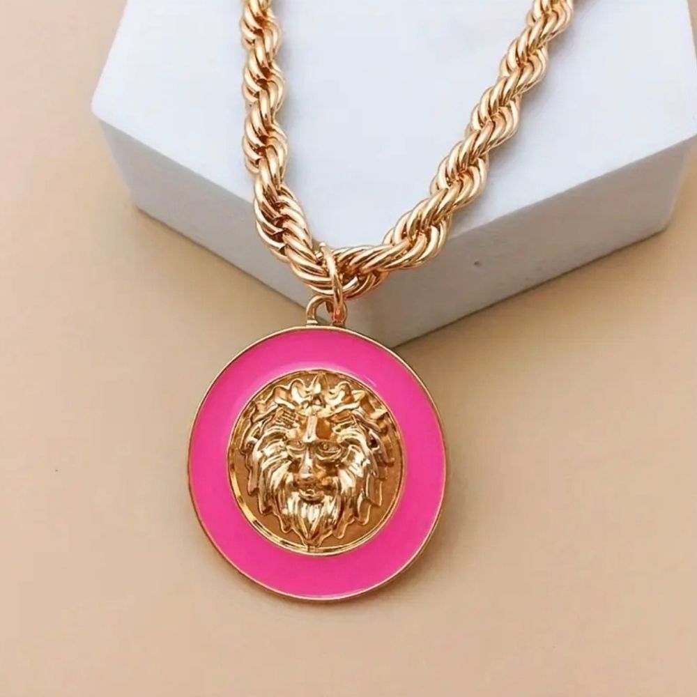 Designer Inspired Pink & Gold Lion Necklace